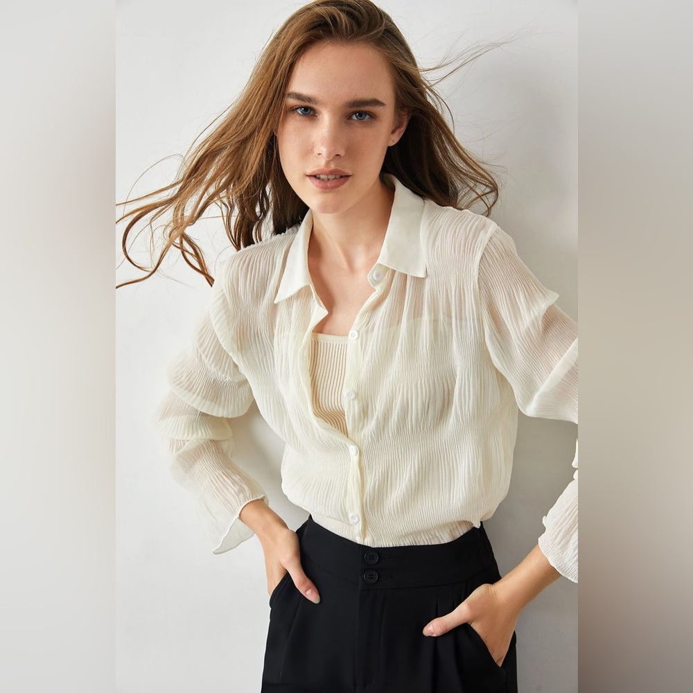 J.ING Jing Aaliyah Wheat V-Neck Sheer Button Down Shirt NWT